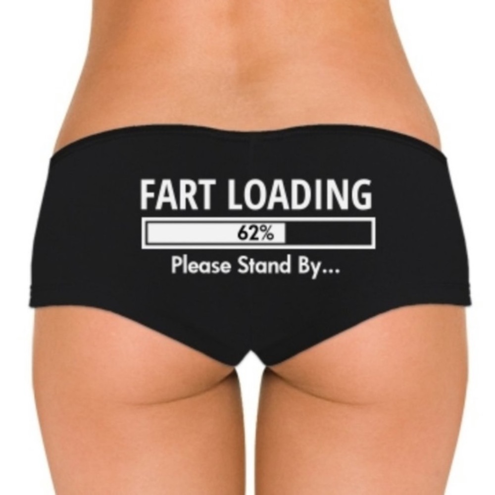 Humorous undies Fart Loading boy-short panties black and white size Medium